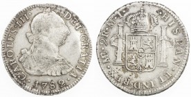 PERU: Carlos III, 1759-1788, AR 2 reales, 1782, KM-76, assayer MI, reverse flan flaw through crown, some peripheral luster, VF-EF.
Estimate: $80 - $1...