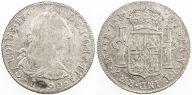 PERU: Carlos IV, 1788-1808, AR 8 reales, 1790, KM-87, assayer IJ, toning blotch at date, lightly toned, mainly on reverse, EF.
Estimate: $90 - $120