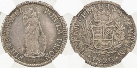 PERU: Republic, AR 2 reales, 1826, KM-141.1, assayer JM, nice original, multicolored toning, NGC graded AU55.
Estimate: $65 - $85