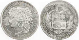 PERU: Republic, AR 5 pesetas, 1880, KM-201.1, initials TF, variety with no dot after B, provisional peseta issue, one-year subtype, EF-AU.
Estimate: ...