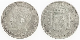 PUERTO RICO: Alfonso XIII, 1886-1931, AR 20 centavos, 1895, KM-22, initials PGV, one-year type, EF.
Estimate: $100 - $150
