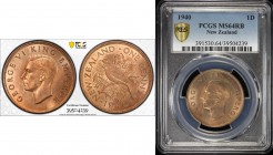 NEW ZEALAND: George VI, 1936-1952, AE penny, 1940, KM-13, PCGS graded MS64 RB.
Estimate: $40 - $60