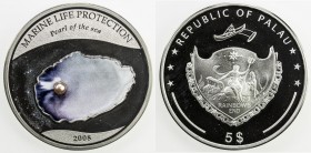 PALAU: Republic, AR 5 dollars, 2008, KM-137, Marine Life Protection-Pearl in colorized shell, mintage of only 2,500 pieces, Choice Proof, S. 
Estimat...