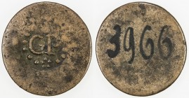 WORLDWIDE: AE token (5.06g), ND (ca. late 1700s?), Guttag-4857, "GP" countermark in circular depression surrounded by dots with crude rosette at botto...