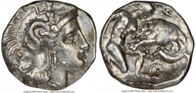 CALABRIA. Tarentum. Ca. 380-280 BC. AR diobol (11mm, 6h). NGC XF. Ca. 325-280 BC. Head of Athena right, wearing crested Attic helmet decorated with fi...