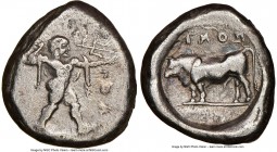 LUCANIA. Poseidonia. Ca. 470-420 BC. AR stater (19mm, 7h). NGC VF. ΠΟΣE, Poseidon striding right, nude but for chlamys spread across shoulders, brandi...
