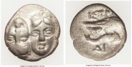MOESIA. Istrus. Ca. 4th century BC. AR trihemiobol (12mm, 0.87 gm, 12h). VF. Two facing male heads; the right inverted / IΣTPIH, sea-eagle right, gras...