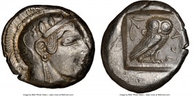 ATTICA. Athens. Ca. 475-465 BC. AR tetradrachm (24mm, 17.15 gm, 2h). NGC AU 3/5 - 5/5. Head of Athena right with frontal eye and "archaic smile", hair...