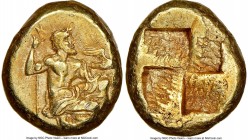 MYSIA. Cyzicus. Ca. 450-350 BC. EL sixth-stater or hecte (11mm, 2.65 gm). NGC AU 4/5 - 3/5, Fine Style, scuffs. Zeus, draped, kneeling right, scepter ...