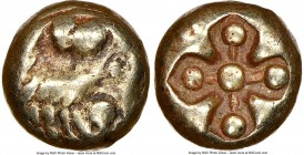 IONIA. Miletus. Ca. 600-550 BC. EL 1/12 stater or hemihecte (7mm, 1.07 gm). NGC Choice VF 4/5 - 3/5. Milesian standard. Lion's head left / Quadriparti...