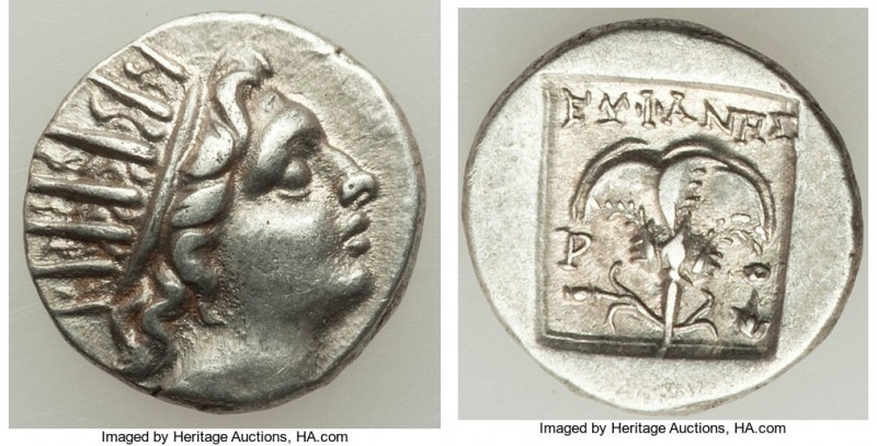 CARIAN ISLANDS. Rhodes. Ca. 88-84 BC. AR drachm (14mm, 2.23 gm, 12h). XF. Plinth...