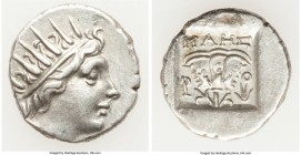 CARIAN ISLANDS. Rhodes. Ca. 88-84 BC. AR drachm (15mm, 2.28 gm, 12h). About XF. Plinthophoric standard, Maes, magistrate. Radiate head of Helios right...