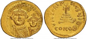 Heraclius (AD 610-641), and Heraclius Constantine. AV solidus (21mm, 4.41 gm, 6h). NGC MS 5/5 - 3/5, light graffito. Constantinople, 9th officina, ca....