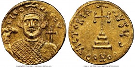 Leontius (AD 695-698). AV solidus (20mm, 4.36 gm, 6h). NGC Choice MS 5/5 - 4/5, clipped. Constantinople, 6th officina. D LЄO-N PЄ AV, bust of Leontius...