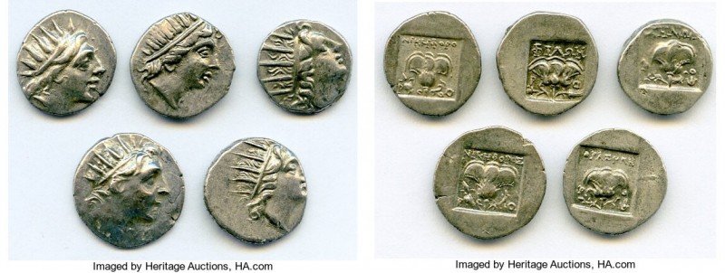 ANCIENT LOTS. Greek. Carian Islands. Rhodes. Ca. 88-84 BC. Lot of five (5) AR dr...