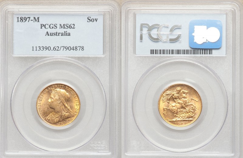 Victoria gold Sovereign 1897-M MS62 PCGS, Melbourne mint, KM13. AGW 0.2355 oz. ...