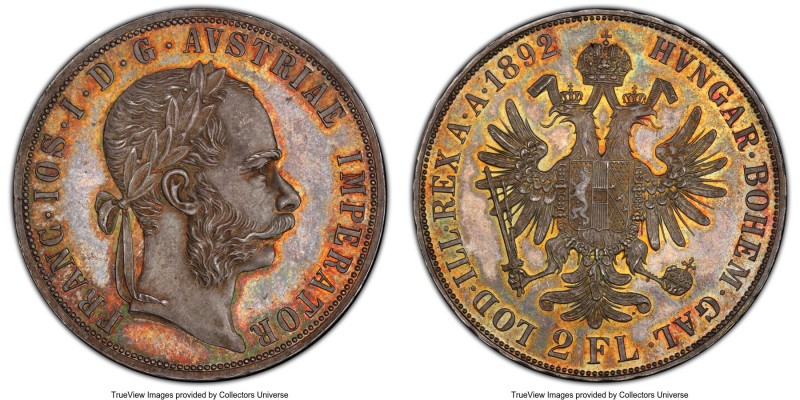 Franz Joseph I 2 Florin 1892 MS65+ PCGS, KM2233. Incredible toning with gray cen...
