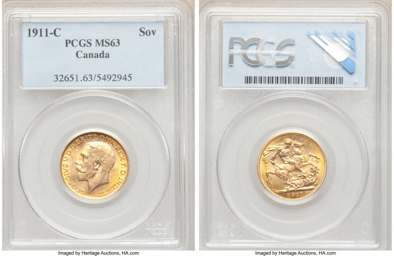 George V gold Sovereign 1911-C MS63 PCGS, Ottawa mint, KM20. AGW 0.2355 oz. 

...