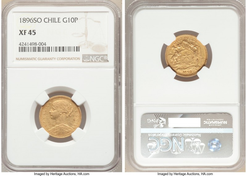 Republic gold 10 Pesos 1896-So XF45 NGC, Santiago mint, KM157. AGW 0.1766 oz. 
...