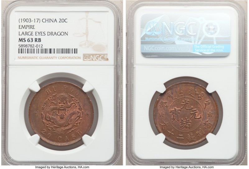 Kuang-hsü 20 Cash ND (1903-1917) MS63 Red and Brown NGC, KM-Y5aa. Large Eyes Dra...