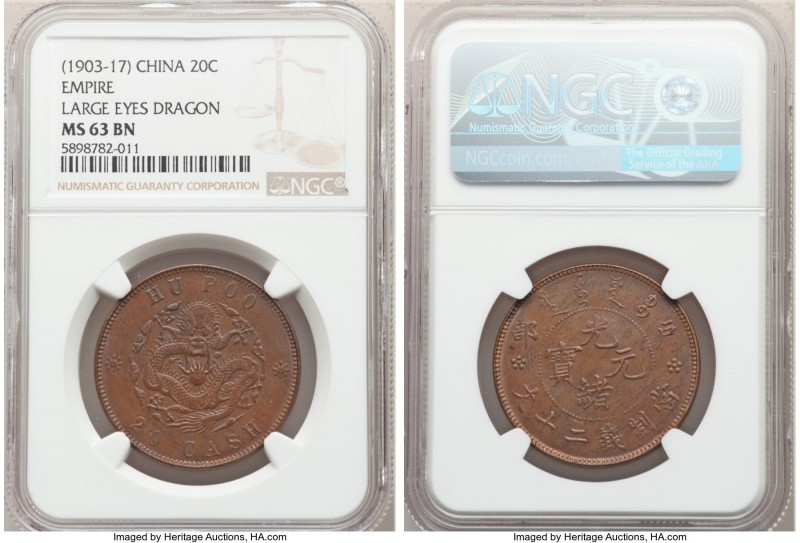 Kuang-hsü 20 Cash ND (1903-1917) MS63 Brown NGC, KM-Y5aa. Large Eyes Dragon vari...