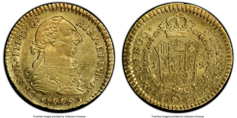 Charles III gold Escudo 1779 P-SF AU55 PCGS, Popayan mint, KM48.2. Auction tag i...