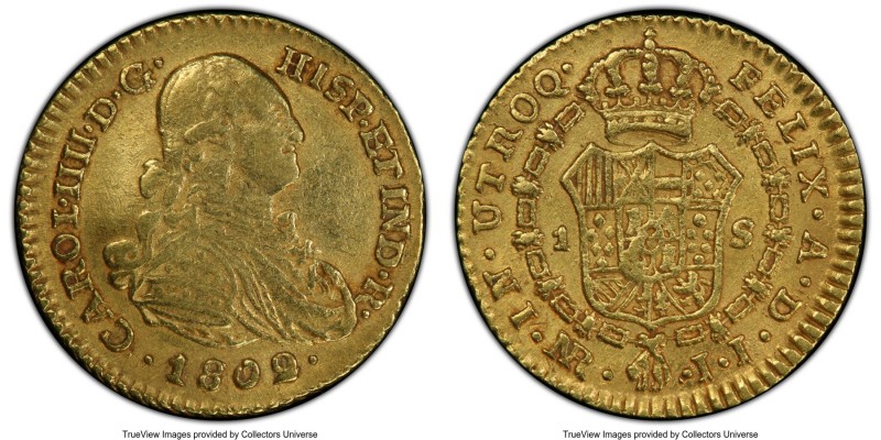 Charles IV gold Escudo 1802/1 NR-JJ AU50 PCGS, Nuevo Reino mint, KM56.1. Include...