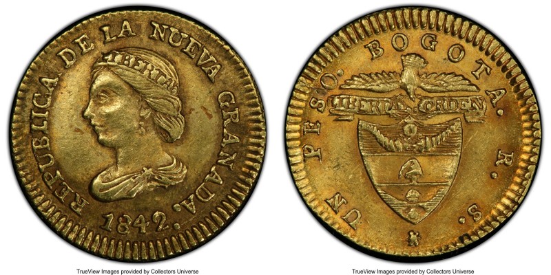 Nueva Granada gold Peso 1842 BOGOTA-RS MS62 PCGS, Bogota mint, KM93.

HID09801...