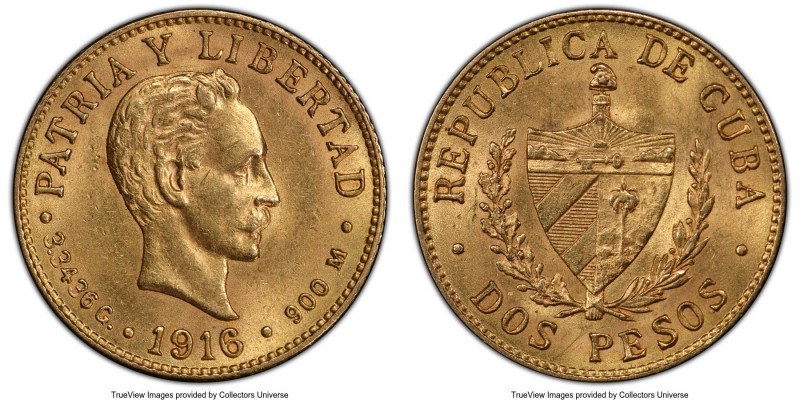 Republic gold 2 Pesos 1916 MS63 PCGS, KM17. Two year type. AGW 0.0967 oz. 

HI...