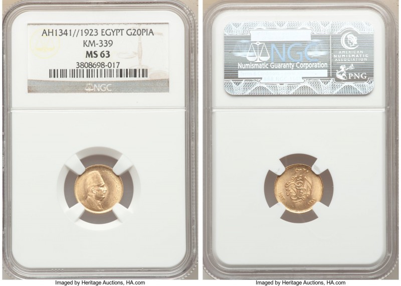 Fuad I gold 20 Piastres AH 1341 (1923) MS63 NGC, British Royal mint, KM339. One ...