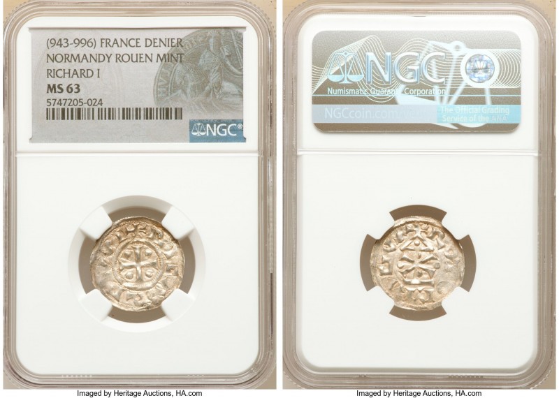 Normandy. Richard I Denier ND (943-996) MS63 NGC, Rouen mint, Dup-16. 21mm.

H...