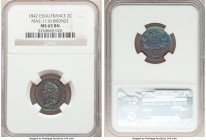 Louis Philippe I bronze Essai 2 Centimes 1842 MS65 Brown NGC, Maz-1116. Designed by Barre. Lovely neon blue toning over chocolate brown surface. 

H...