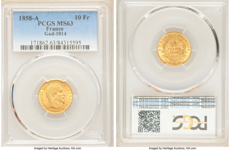 Napoleon III gold 10 Francs 1858-A MS63 PCGS, Paris mint, KM784.3, Gad-1014. AGW...
