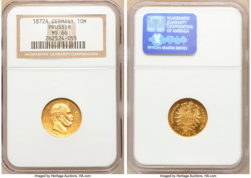 Prussia. Wilhelm I gold 10 Mark 1872-A MS66 NGC, Berlin mint, KM502. Two year ty...