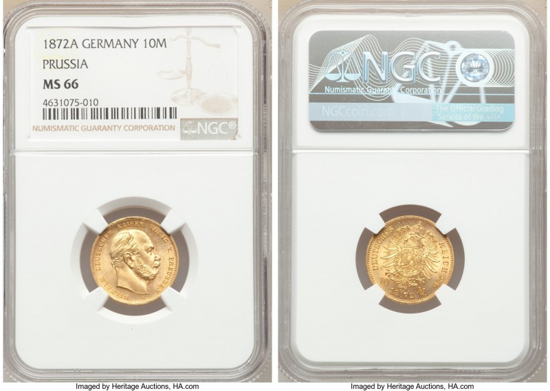 Prussia. Wilhelm I gold 10 Mark 1872-A MS66 NGC, Berlin mint, KM502. AGW 0.1152 ...