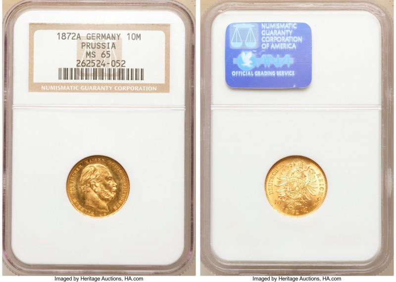 Prussia. Wilhelm I gold 10 Mark 1872-A MS65 NGC, Berlin mint, KM502. 

HID0980...
