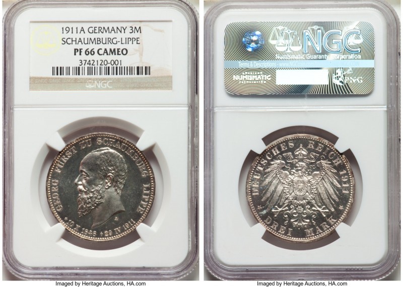Schaumburg-Lippe. Albrecht Georg Proof 3 Mark 1911-A PR66 Cameo NGC, Berlin mint...