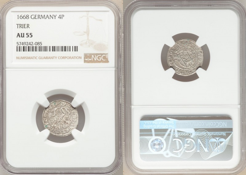 Trier. Carl Caspar 5-Piece Lot of Certified 4 Pfennig AU55 NGC, 1) 4 Pfennig 166...