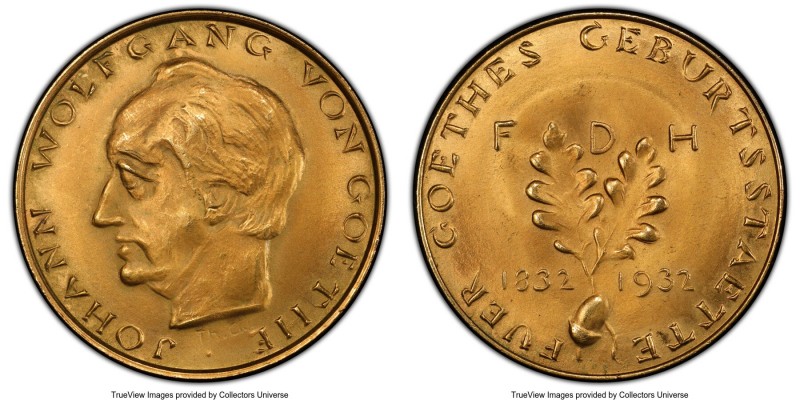 Weimar Republic gold "Johann Wolfgang von Goethe" Medal 1932 MS67 PCGS, Forschne...