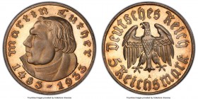 Third Reich Proof "Martin Luther" 5 Mark 1933-A PR65 Deep Cameo PCGS, Berlin mint, KM80, J-353. Gray and peach draped on contrasting cameo and proof f...