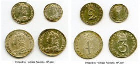 George II 4-Piece Uncertified Maundy Set 1746 AU, 1) Penny, KM567. 12.1mm. 0.51gm 2) 2 Pence, KM568. 14.4mm. 0.94gm 3) 3 Pence, KM569. 18.1mm.1.90gm 4...