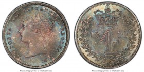 Victoria Prooflike 4 Pence 1870 PL65 PCGS, KM732. Vivid teal blue and rose toning occupy the surface, shielding yet not drowning the cartwheel luster ...