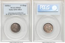 British India. William IV 1/4 Rupee 1835-(c) MS63 PCGS, Calcutta mint, KM448.6, S&W-1.69. Variety with F in relief on truncation Multi-colored toning....