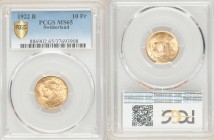 Confederation gold 10 Francs 1922-B MS65 PCGS, Bern mint, KM36. AGW 0.0933 oz. 

HID09801242017

© 2020 Heritage Auctions | All Rights Reserved