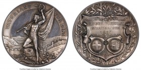 Confederation silver Specimen "Gymnastics Competition" Medal 1897 SP63 PCGS, 36mm. By Amsler & Johnson. VATERLAND NUR DIR! Gymnast on one leg holding ...