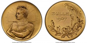 Confederation gilt-copper Matte Specimen "Fribourg-Bulle Gymnastics" Medal 1907 SP66 PCGS, 45mm. By Holy Freres. Gymnast with arms crossed standing in...