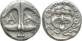 THRACE. Apollonia Pontika. Drachm (Late 5th-4th centuries BC). 

Obv: Upright anchor; A to left, crayfish to right.
Rev: Facing gorgoneion.

SNG ...