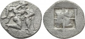 THRACE. Thasos. Diobol (Circa 500-480 BC). 

Obv: Satyr running right.
Rev: Quadripartite incuse square.

Le Rider, Thasiennes 4; Copenhagen 191-...