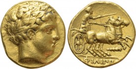 KINGS OF MACEDON. Philip II (359-336). GOLD Stater. Amphipolis.

Obv: Laureate head of Apollo right.
Rev: ΦIΛIΠΠOY.
Charioteer driving biga right....