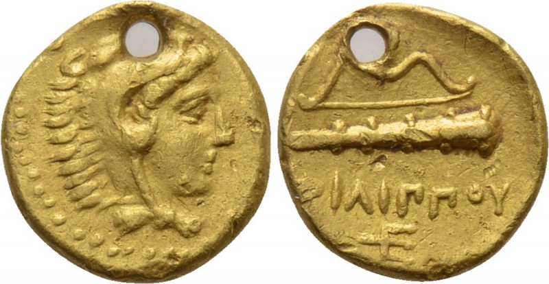 KINGS OF MACEDON. Philip II (359-336 BC). GOLD 1/4 Stater. Pella. 

Obv: Head ...